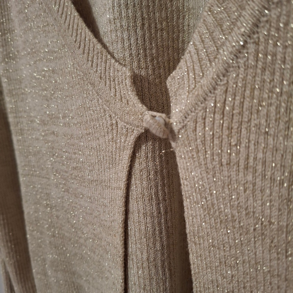 Chicos Gold Metallic Shimmer Ribbed Cardigan Sweater Size 2 Large V-Neck Sparkle - Picture 3 of 7